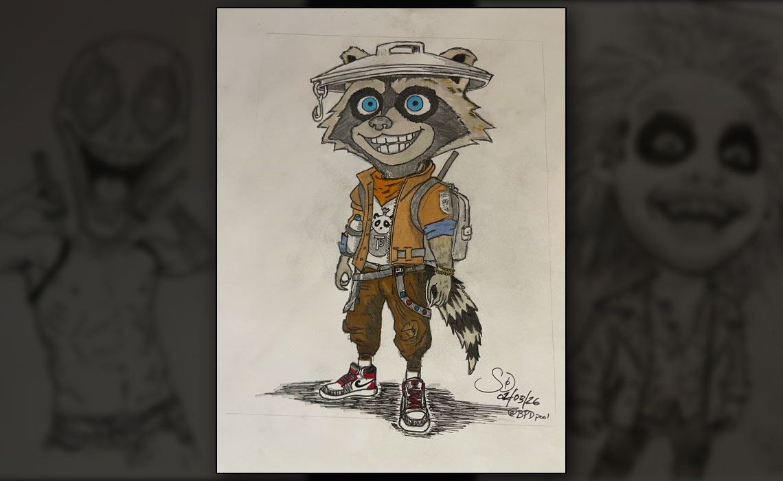 a drawing of a Fortnite character named Rufus, also known as Trash Panda