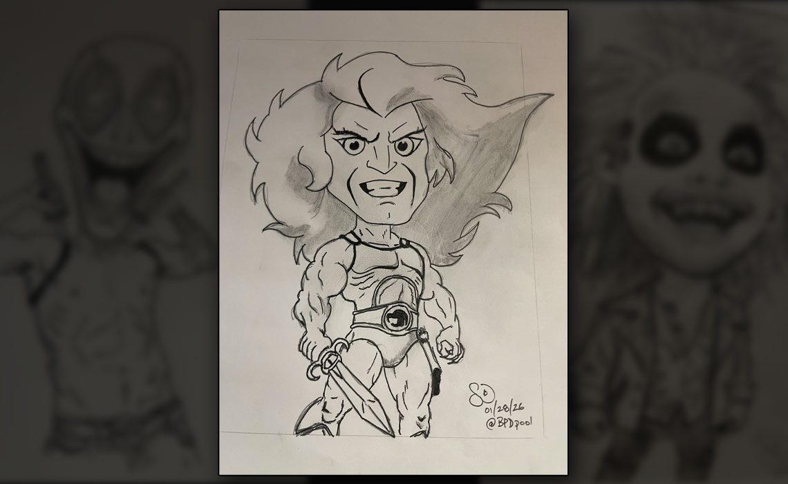 a drawing of a Fortnite character named Rufus, also known as Trash Panda