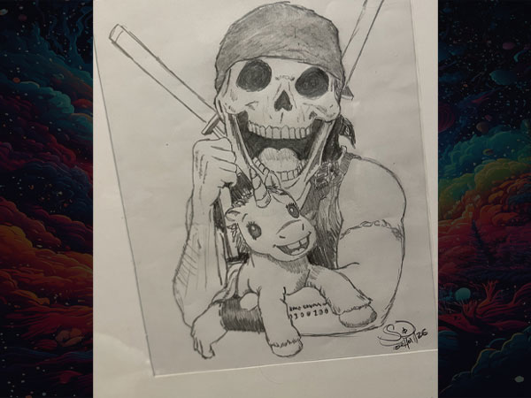 Drawing of BPD Pool wearing his skeleton mask and hugging his stuffed unicorn, Snugglecorn