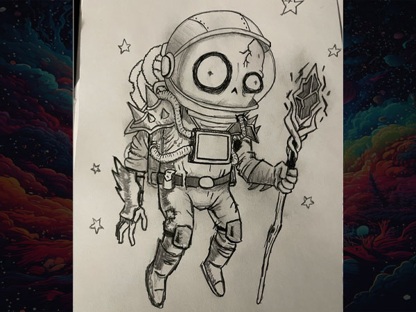 a drawing of a lost astronaut floating through space and holding an unusual staff