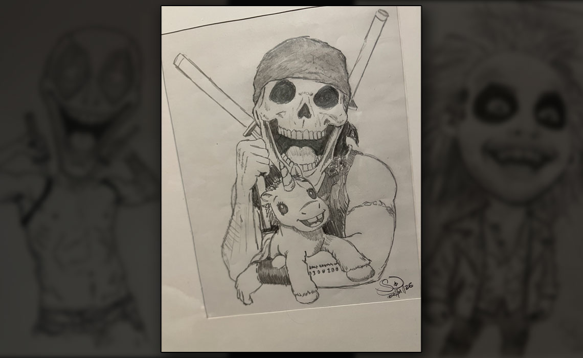 picture of an original drawing of BPD Pool wearing his skeleton mask during a TikTok Livestream